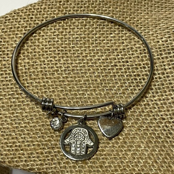 stainless steel adjustable slider bracelet hamsa  unity protection Silver Tone - Picture 2 of 9